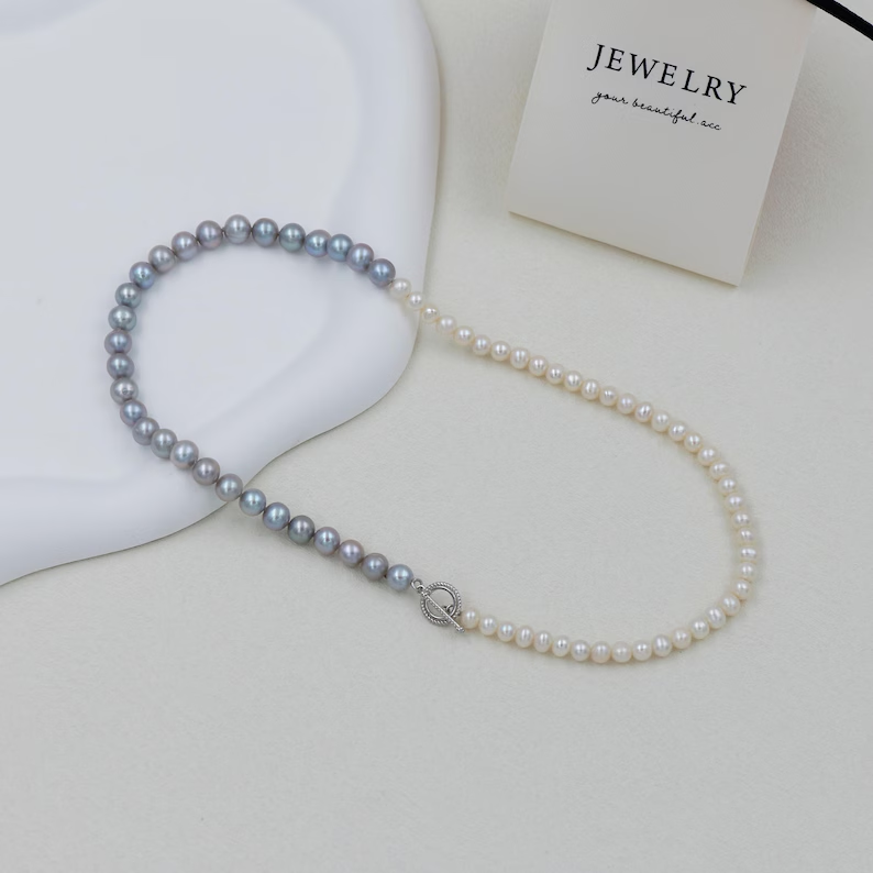 Genuine Cultured Gray & White Freshwater Pearl Necklace, 5mm And 6mm Pearls Beaded Necklace, Hand Knotted Pearl Necklace, 925 Silver Clasp