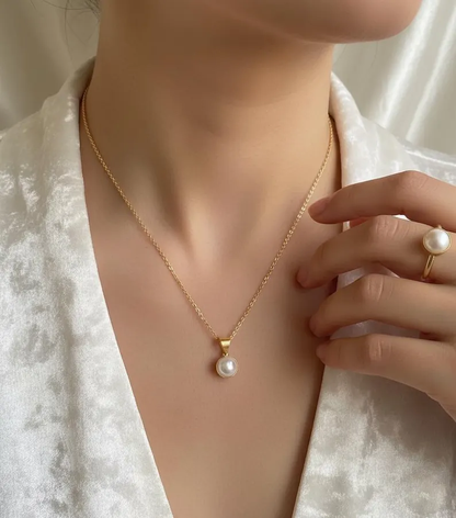 Natural Pearl Jewelry Set, Dainty Pearl Necklace Earrings Ring Set