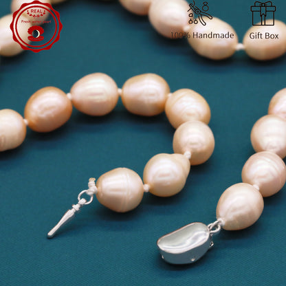 Elegant 16.5" Pink Freshwater Pearl Necklace - Handcrafted, 10mm Beads with Gift Box - Perfect for Casual Attire & Special Occasions【XL-2411PInk-001】