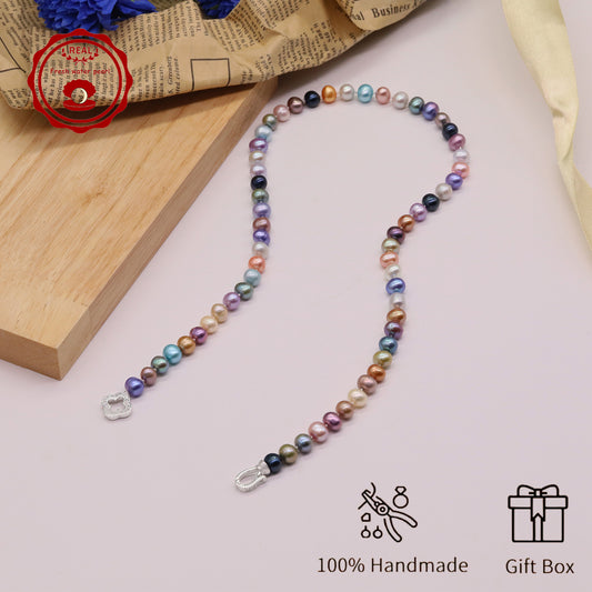 Natural Multicolor Freshwater Pearl Necklace Handmade 18.1Inch Length 7-8Mm Natural Freshwater Pearl Necklace with Flower Clasp Genuine  Freshwater Pearl Necklace Comes with Gift Box 【NK-XL2501Colour-01】