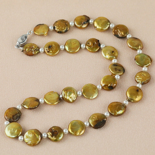 Yellow Button-shaped Natural Freshwater Pearl Necklace