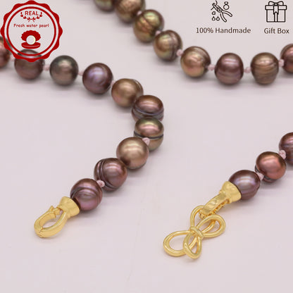 Luxury 19.5" Elegant Natural Brown Color-Freshwater Pearl Necklace, 100% Handcrafted, 10mm Pearls, with Golden Butterfly Clasp, Gift Box Included, for Daily Wear & Special Occasions, Ideal for Gifting【NK-XL2501Brown-02】