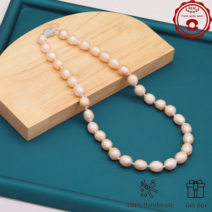 Elegant 16.5" Pink Freshwater Pearl Necklace - Handcrafted, 10mm Beads with Gift Box - Perfect for Casual Attire & Special Occasions【XL-2411PInk-001】