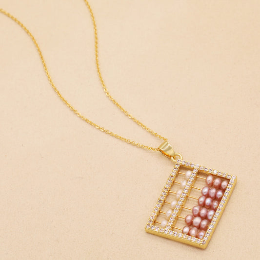 Elegant fresh water pearl pendant necklace, with gold abacus fresh water pearl pendant Romantic fashion fresh water pearl pendant necklace, with gift box, suitable for birthday, Christmas, anniversary gifts【XL-2502Golden-05】