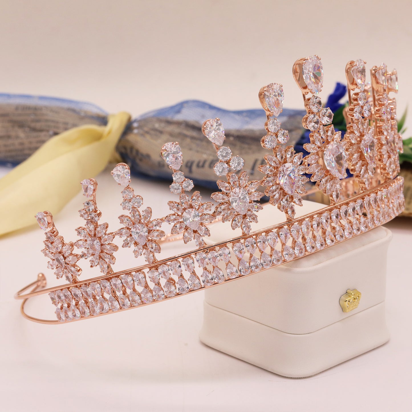 2.75inch high rose gold zircon crown sunflower shape queen zircon crown for banquets, parties and festivals