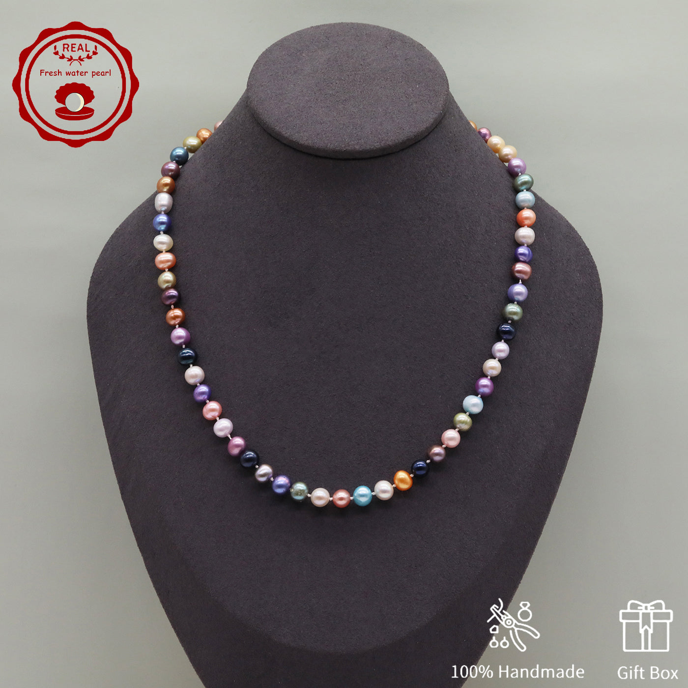 Natural Multicolor Freshwater Pearl Necklace Handmade 18.1Inch Length 7-8Mm Natural Freshwater Pearl Necklace with Flower Clasp Genuine  Freshwater Pearl Necklace Comes with Gift Box 【NK-XL2501Colour-01】