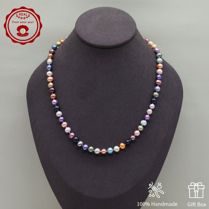 Natural Multicolor Freshwater Pearl Necklace Handmade 18.1Inch Length 7-8Mm Natural Freshwater Pearl Necklace with Flower Clasp Genuine  Freshwater Pearl Necklace Comes with Gift Box 【NK-XL2501Colour-01】