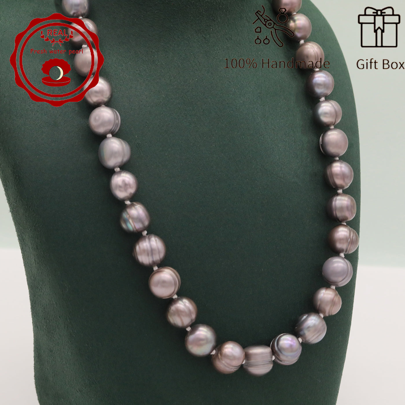 100% handmade authentic 10-11mm grey natural Freshwater Pearl necklace Elegant 17.7inch long men's and women's luxury freshwater pearl necklace with gift box, perfect for everyday and birthday parties, ideal forValentine's Day[XL-2411Sliver-002]