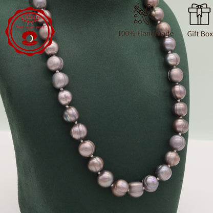 100% handmade authentic 10-11mm grey natural Freshwater Pearl necklace Elegant 17.7inch long men's and women's luxury freshwater pearl necklace with gift box, perfect for everyday and birthday parties, ideal forValentine's Day[XL-2411Sliver-002]