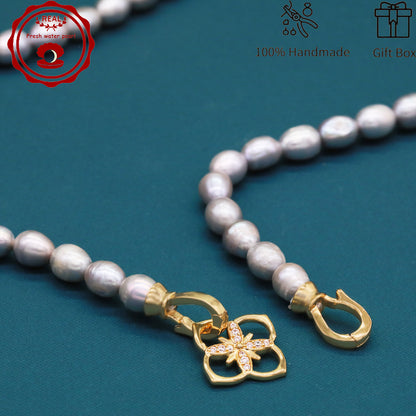 Elegant Handcrafted Gray Freshwater Pearl Necklace with Golden-Embellished Butterfly Clasp, Perfect for Daily Wear & Special Occasions, Includes Gift Box[NK-XL2501silver-02]