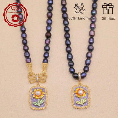 100% Handmade Elegant Freshwater Pearl Pendant Necklace, with Two Ways to Wear, with Fresh Flower Design Inside, Perfect for Mother'S Day, Parties, Daily Gifts, Business, Dinners - Suitable for All Seasons[NK-XL2501-Purple-02]