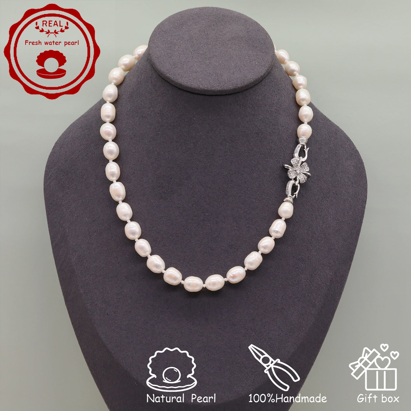 100% Handmade Natural White Freshwater Pearl Necklace Luxury 17.3Inch Long 9Mm White Natural Freshwater Pearl Necklace Comes with a Stylish Flower Clasp Gift Box, Give It to Him/Her, Suitable for Daily and  Valentine'S Day[NK-XL2501-White-02]