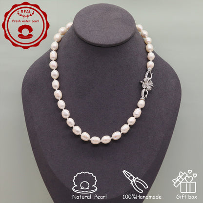 100% Handmade Natural White Freshwater Pearl Necklace Luxury 17.3Inch Long 9Mm White Natural Freshwater Pearl Necklace Comes with a Stylish Flower Clasp Gift Box, Give It to Him/Her, Suitable for Daily and  Valentine'S Day[NK-XL2501-White-02]