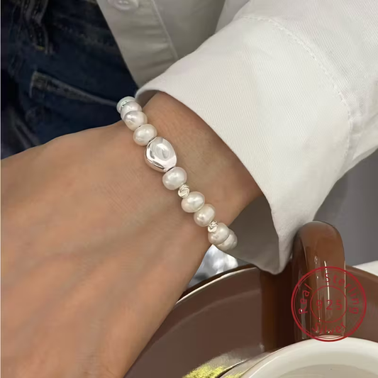 1 Bohemian Style S925 Pure Silver and Natural Freshwater Pearl Beaded Bracelet with Twisted Knot Design - Perfect for Daily Wear or Gift
