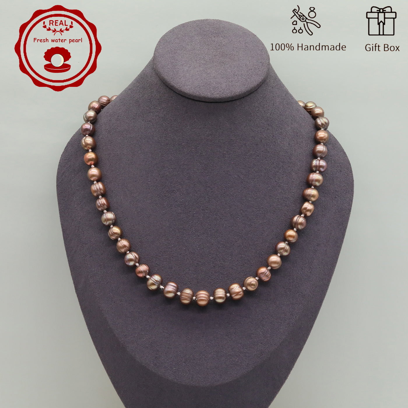 Luxury 19.5" Elegant Natural Brown Color-Freshwater Pearl Necklace, 100% Handcrafted, 10mm Pearls, with Golden Butterfly Clasp, Gift Box Included, for Daily Wear & Special Occasions, Ideal for Gifting【NK-XL2501Brown-02】