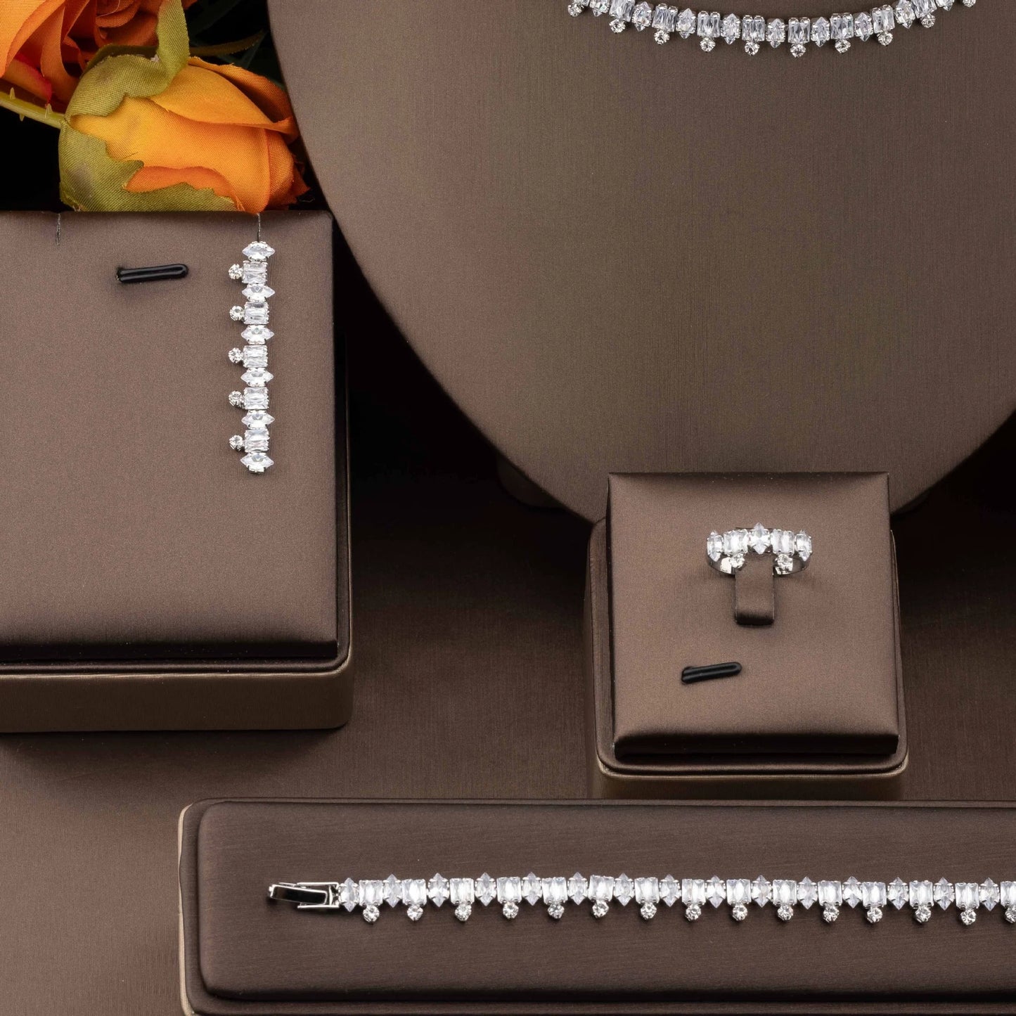 1 set of elegant inlaid sparkling cubic zirconia bouquet pendant design jewelry set for ladies party