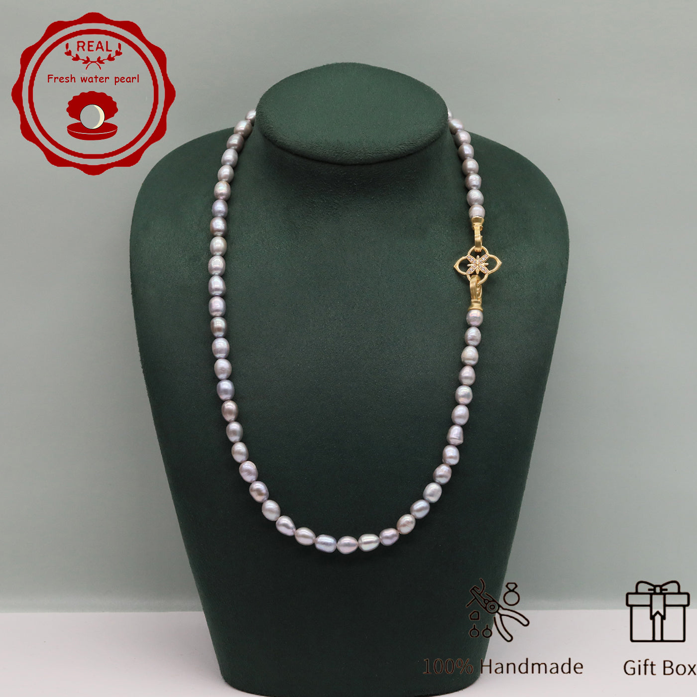 Elegant Handcrafted Gray Freshwater Pearl Necklace with Golden-Embellished Butterfly Clasp, Perfect for Daily Wear & Special Occasions, Includes Gift Box[NK-XL2501silver-02]