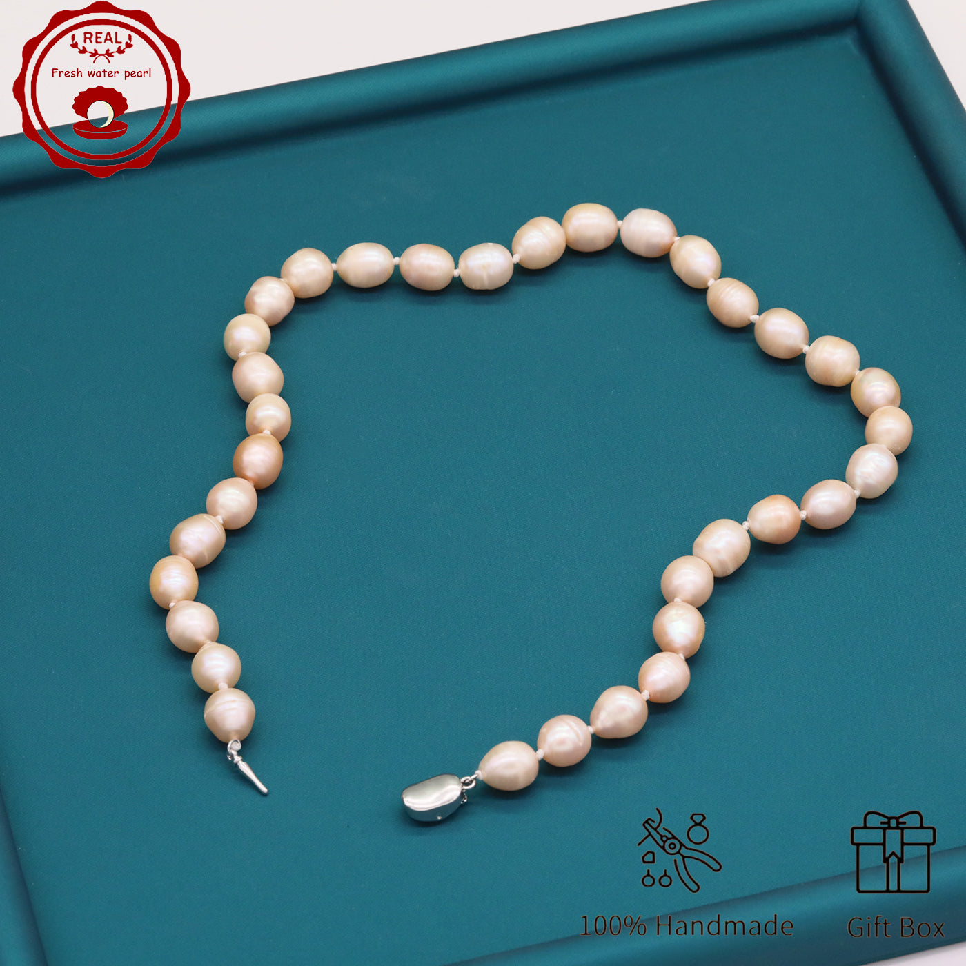 Elegant 16.5" Pink Freshwater Pearl Necklace - Handcrafted, 10mm Beads with Gift Box - Perfect for Casual Attire & Special Occasions【XL-2411PInk-001】