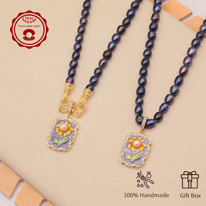 100% Handmade Elegant Freshwater Pearl Pendant Necklace, with Two Ways to Wear, with Fresh Flower Design Inside, Perfect for Mother'S Day, Parties, Daily Gifts, Business, Dinners - Suitable for All Seasons[NK-XL2501-Purple-02]