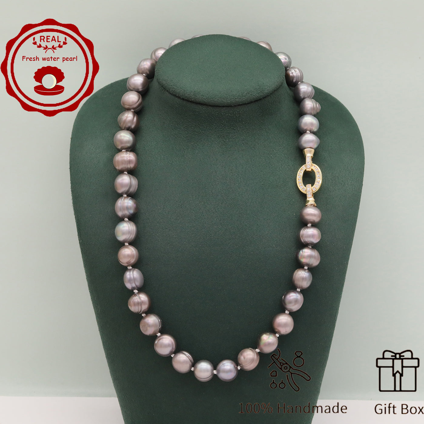 100% handmade authentic 10-11mm grey natural Freshwater Pearl necklace Elegant 17.7inch long men's and women's luxury freshwater pearl necklace with gift box, perfect for everyday and birthday parties, ideal forValentine's Day[XL-2411Sliver-002]