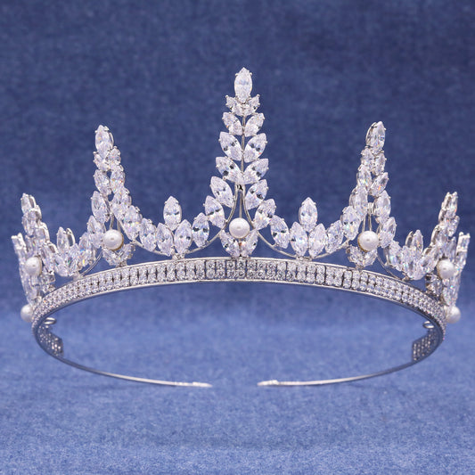 2.95inch long silver zircon crown with freshwater pearl light luxury queen crown, suitable for banquets and parties, gift options