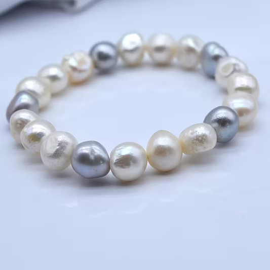 Women's Natural Freshwater Freshwater Pearls Bracelet - Elastic Stretch Jewelry with White & Gray Baroque Freshwater Pearls, Bohemian Minimalist Necklace for Everyday, Mother's Day, Wedding