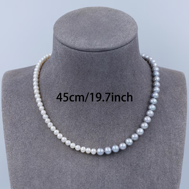 Genuine Cultured Gray & White Freshwater Pearl Necklace, 5mm And 6mm Pearls Beaded Necklace, Hand Knotted Pearl Necklace, 925 Silver Clasp