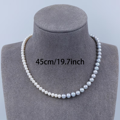 Genuine Cultured Gray & White Freshwater Pearl Necklace, 5mm And 6mm Pearls Beaded Necklace, Hand Knotted Pearl Necklace, 925 Silver Clasp