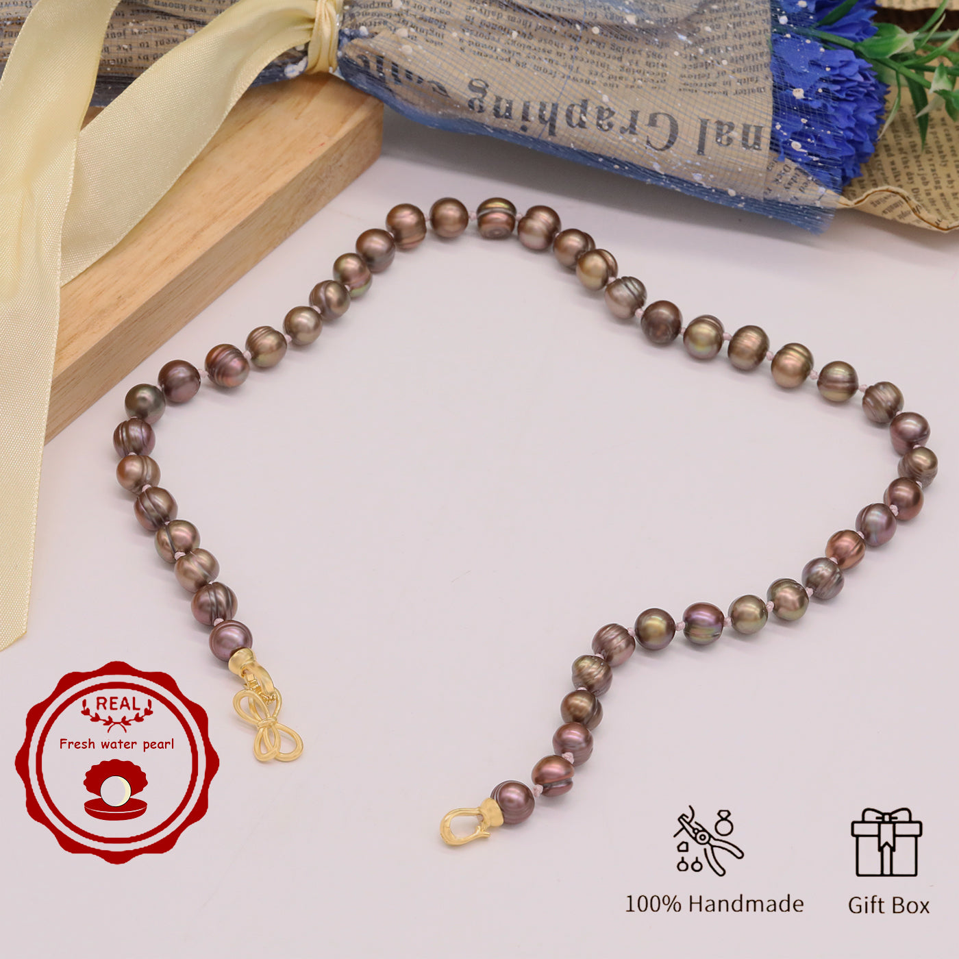 Luxury 19.5" Elegant Natural Brown Color-Freshwater Pearl Necklace, 100% Handcrafted, 10mm Pearls, with Golden Butterfly Clasp, Gift Box Included, for Daily Wear & Special Occasions, Ideal for Gifting【NK-XL2501Brown-02】