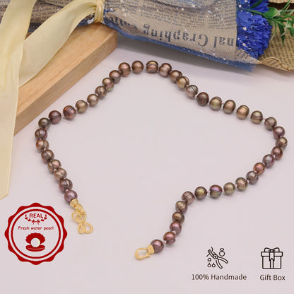 Luxury 19.5" Elegant Natural Brown Color-Freshwater Pearl Necklace, 100% Handcrafted, 10mm Pearls, with Golden Butterfly Clasp, Gift Box Included, for Daily Wear & Special Occasions, Ideal for Gifting【NK-XL2501Brown-02】