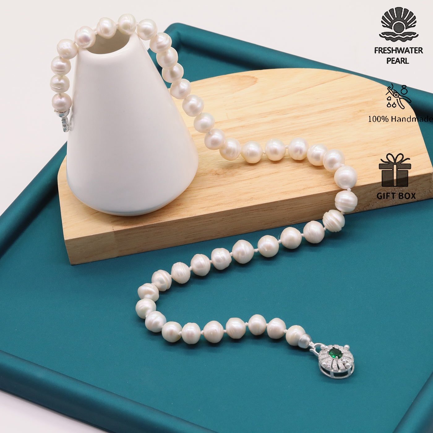Exquisite 19.7inch long white Baroque natural Freshwater Pearl necklace Handmade fresh water pearl necklace with silver turquoise buckle, unique Christmas, Valentine's Day and Thanksgiving holiday gift, with gift box【XL-2412White-01】