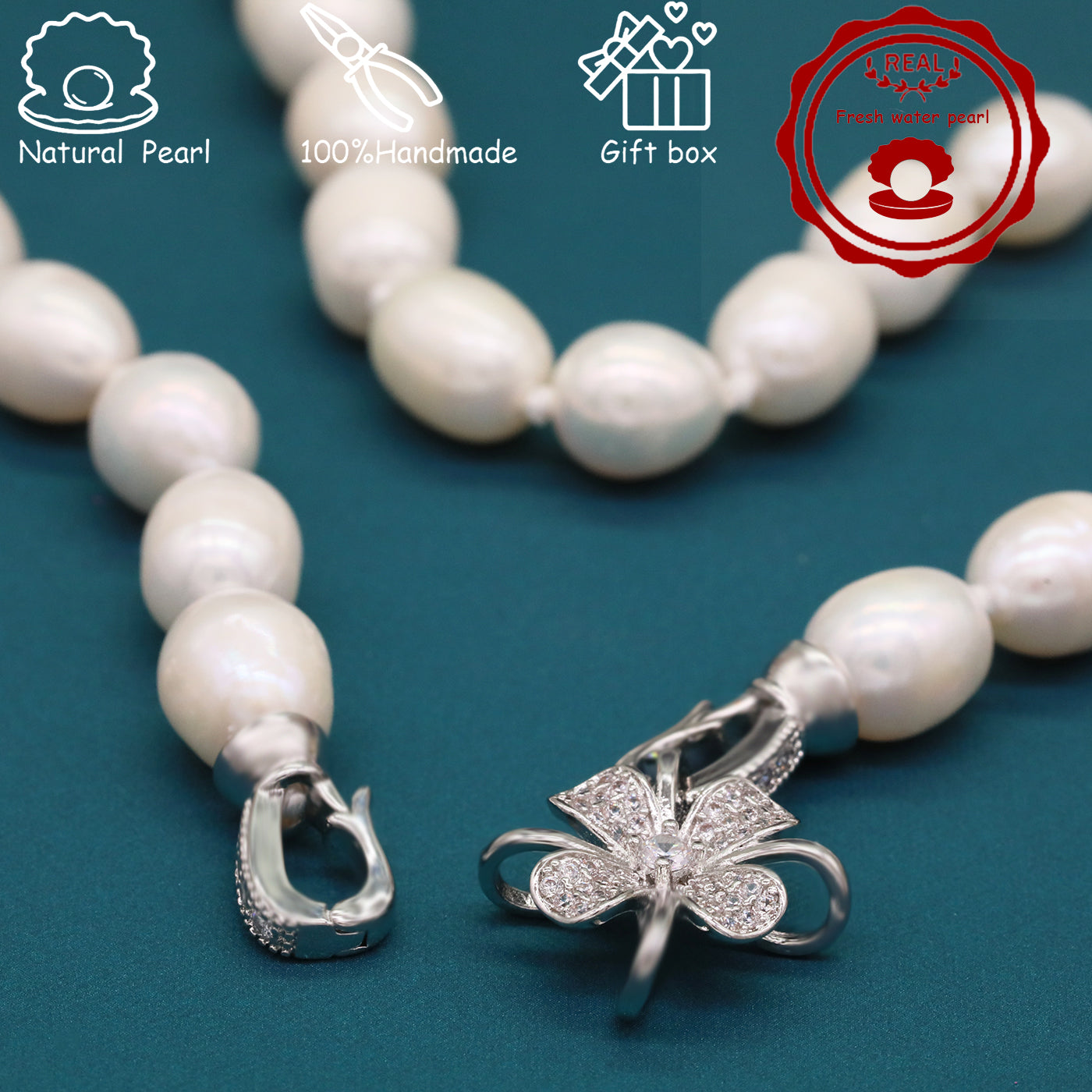 100% Handmade Natural White Freshwater Pearl Necklace Luxury 17.3Inch Long 9Mm White Natural Freshwater Pearl Necklace Comes with a Stylish Flower Clasp Gift Box, Give It to Him/Her, Suitable for Daily and  Valentine'S Day[NK-XL2501-White-02]