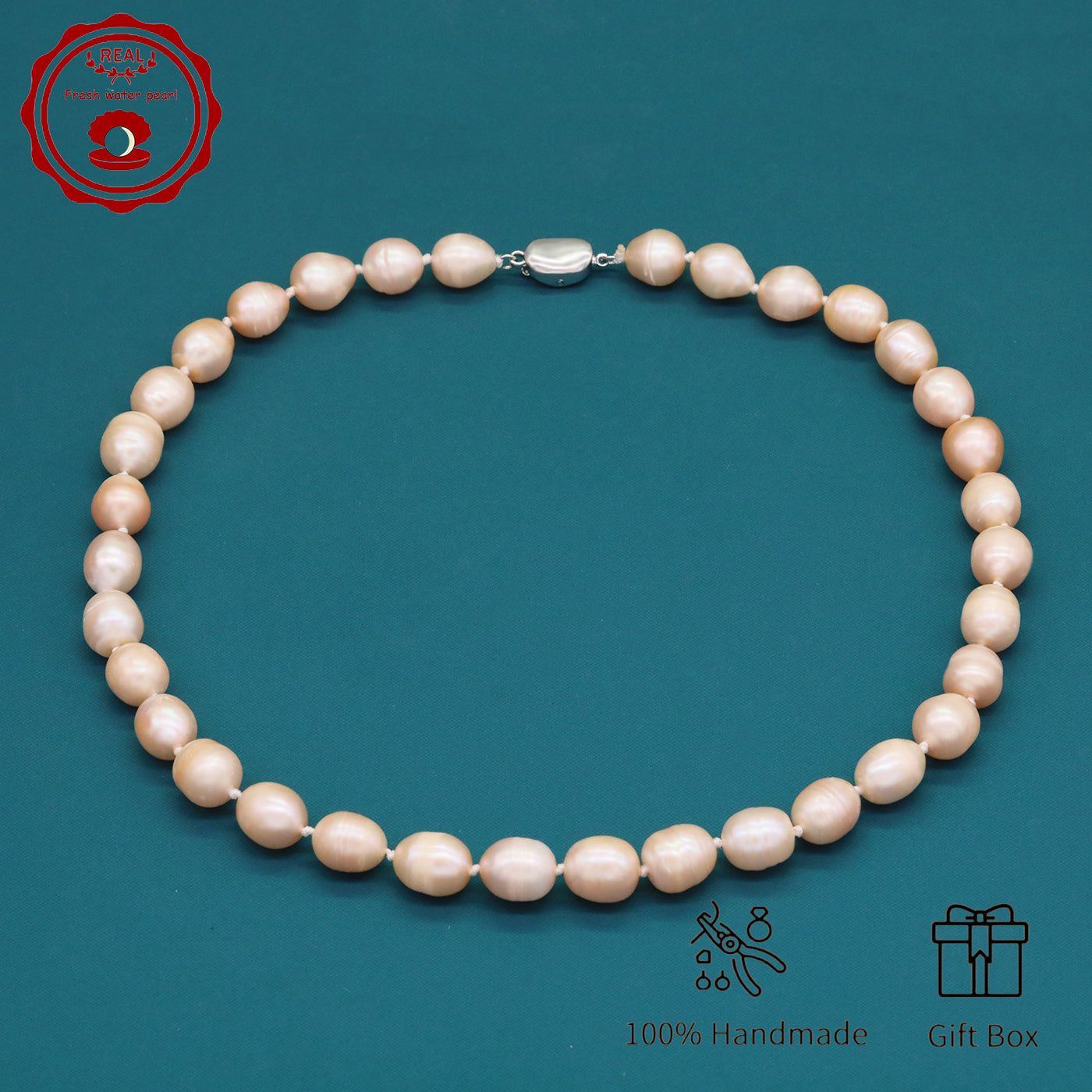 Elegant 16.5" Pink Freshwater Pearl Necklace - Handcrafted, 10mm Beads with Gift Box - Perfect for Casual Attire & Special Occasions【XL-2411PInk-001】