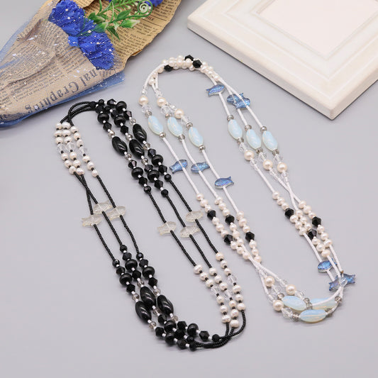 100% handmade black and white stone with natural freshwater Pearl long necklace Boho style Handmade long necklace with small fish pendant Fashion sweater chain  Suitable for  Valentine's Day【NK-XL2501Black-02】