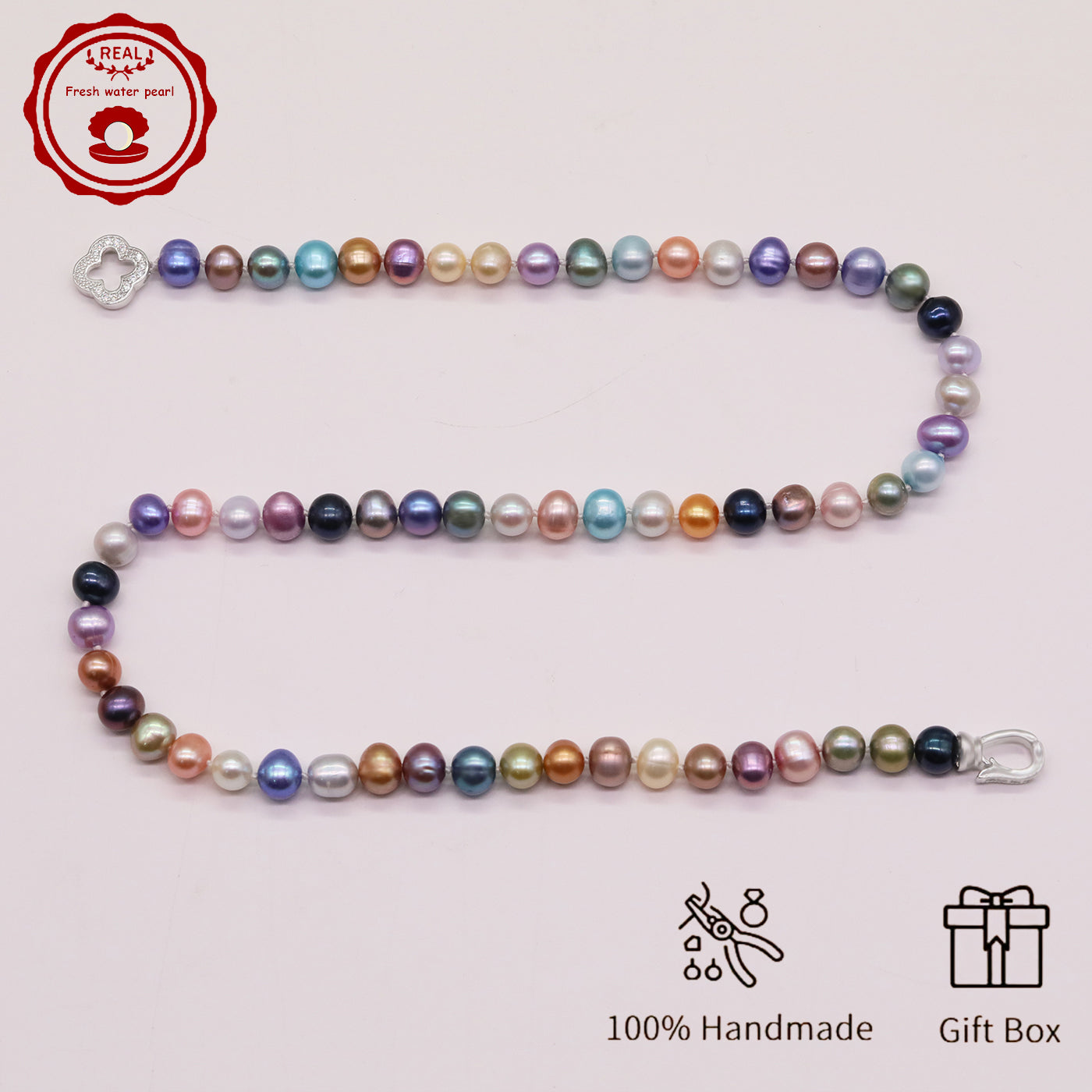 Natural Multicolor Freshwater Pearl Necklace Handmade 18.1Inch Length 7-8Mm Natural Freshwater Pearl Necklace with Flower Clasp Genuine  Freshwater Pearl Necklace Comes with Gift Box 【NK-XL2501Colour-01】