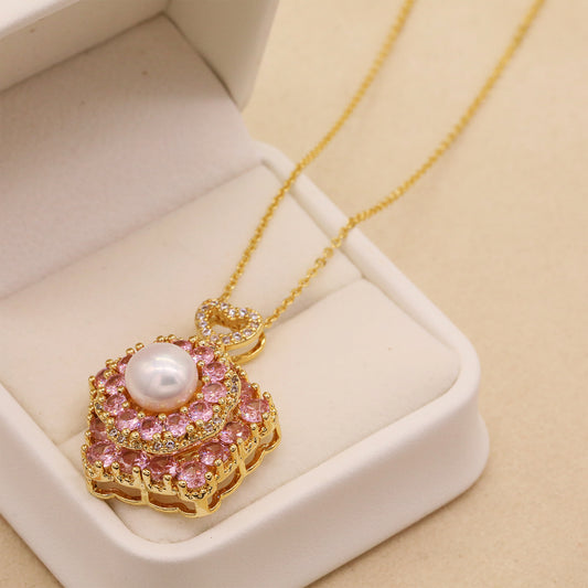 Creative Spin pink Zircon Fresh water Pearl pendant necklace Seasonal run fresh water pearl pendant necklace, with gift box, personality everything simple fresh water pearl pendant necklace, suitable for everyday, wedding and party