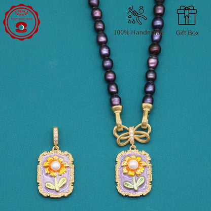 100% Handmade Elegant Freshwater Pearl Pendant Necklace, with Two Ways to Wear, with Fresh Flower Design Inside, Perfect for Mother'S Day, Parties, Daily Gifts, Business, Dinners - Suitable for All Seasons[NK-XL2501-Purple-02]
