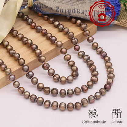 Luxury 19.5" Elegant Natural Brown Color-Freshwater Pearl Necklace, 100% Handcrafted, 10mm Pearls, with Golden Butterfly Clasp, Gift Box Included, for Daily Wear & Special Occasions, Ideal for Gifting【NK-XL2501Brown-02】