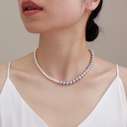 Genuine Cultured Gray & White Freshwater Pearl Necklace, 5mm And 6mm Pearls Beaded Necklace, Hand Knotted Pearl Necklace, 925 Silver Clasp
