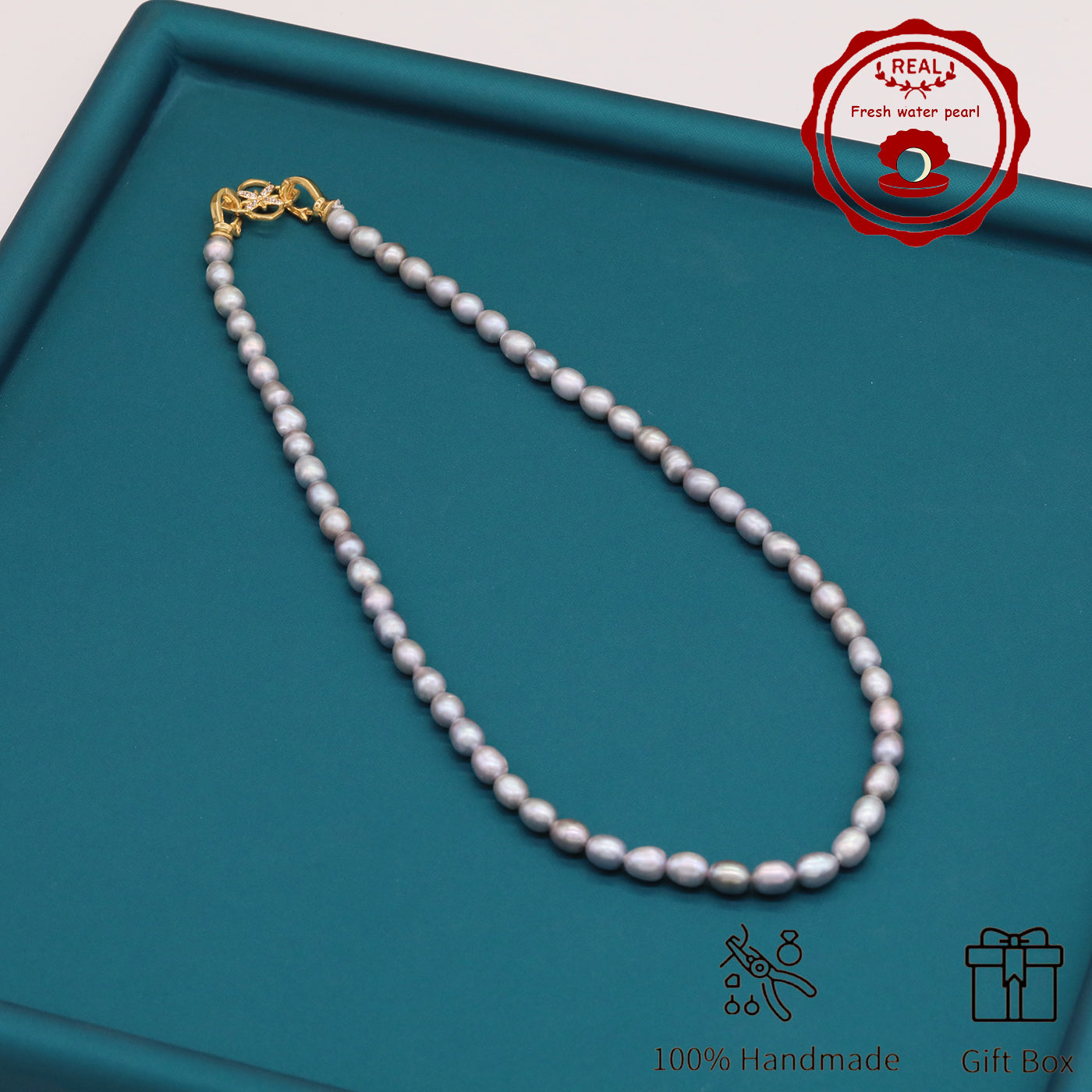 Elegant Handcrafted Gray Freshwater Pearl Necklace with Golden-Embellished Butterfly Clasp, Perfect for Daily Wear & Special Occasions, Includes Gift Box[NK-XL2501silver-02]