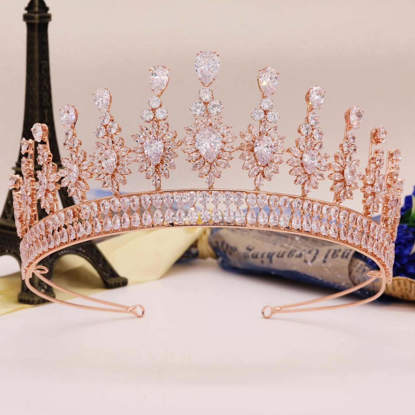 2.75inch high rose gold zircon crown sunflower shape queen zircon crown for banquets, parties and festivals