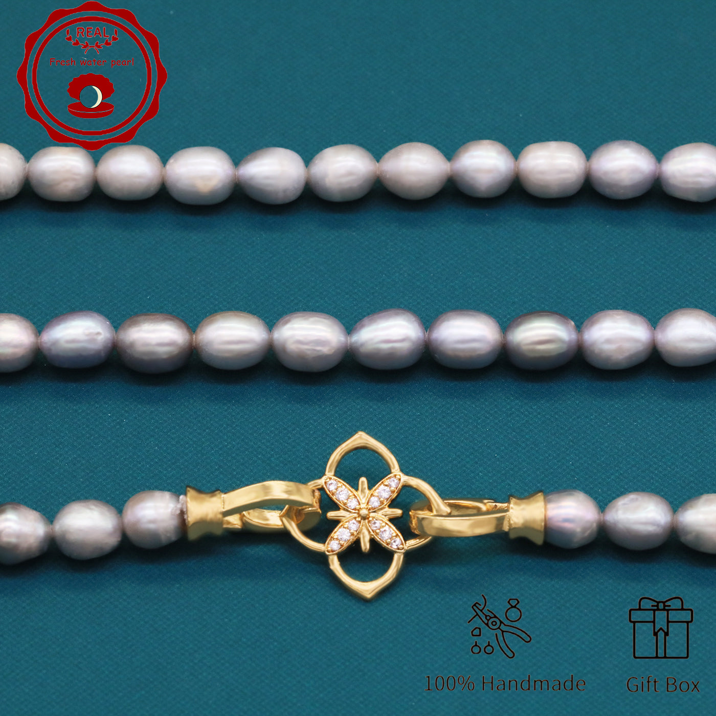 Elegant Handcrafted Gray Freshwater Pearl Necklace with Golden-Embellished Butterfly Clasp, Perfect for Daily Wear & Special Occasions, Includes Gift Box[NK-XL2501silver-02]
