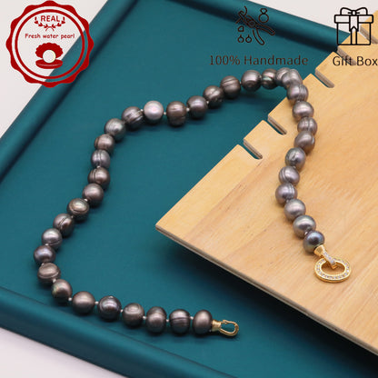 100% handmade authentic 10-11mm grey natural Freshwater Pearl necklace Elegant 17.7inch long men's and women's luxury freshwater pearl necklace with gift box, perfect for everyday and birthday parties, ideal forValentine's Day[XL-2411Sliver-002]