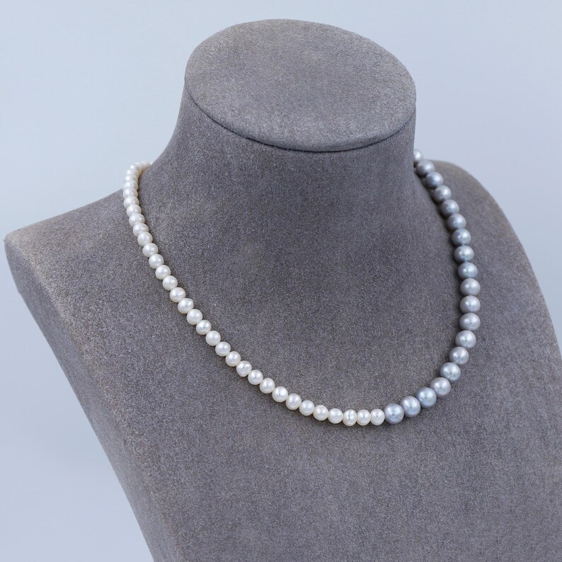 Genuine Cultured Gray & White Freshwater Pearl Necklace, 5mm And 6mm Pearls Beaded Necklace, Hand Knotted Pearl Necklace, 925 Silver Clasp