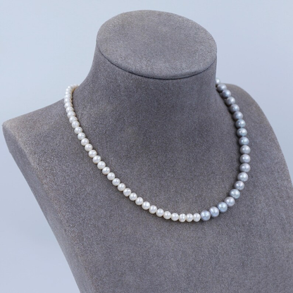Genuine Cultured Gray & White Freshwater Pearl Necklace, 5mm And 6mm Pearls Beaded Necklace, Hand Knotted Pearl Necklace, 925 Silver Clasp