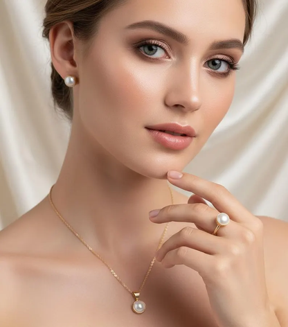 Natural Pearl Jewelry Set, Dainty Pearl Necklace Earrings Ring Set