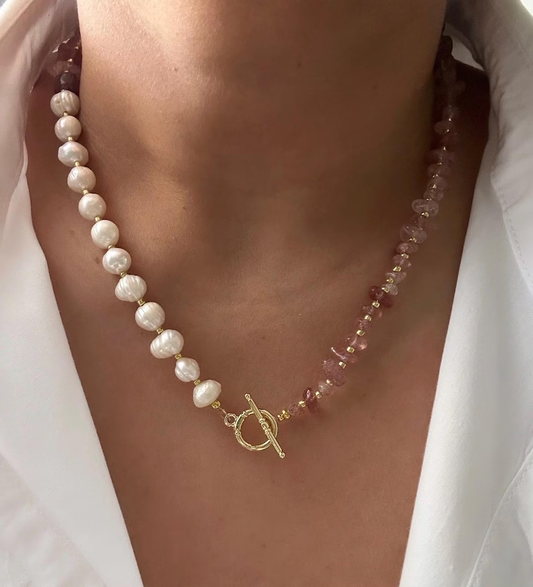 19.7inch stone beaded and freshwater pearls  necklace  with toggle clasp