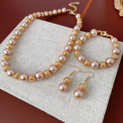 Women'S Elegant Hollow Pearl Beaded Necklace ，bracelet  and  Earrings Set