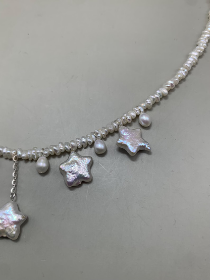 Star-themed freshwater baroque pearl necklace, designed with three different Pearl,sterling silver