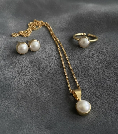 Natural Pearl Jewelry Set, Dainty Pearl Necklace Earrings Ring Set